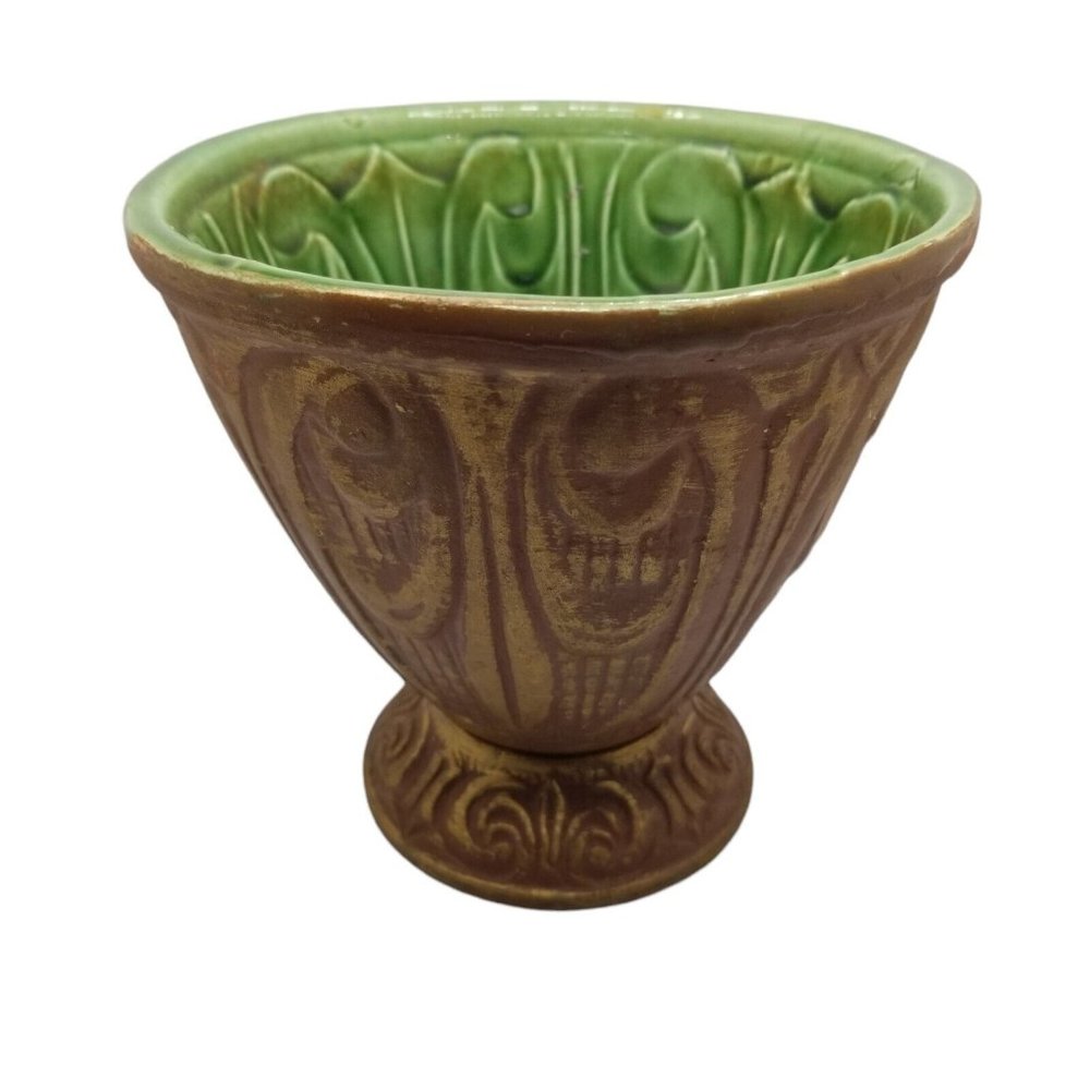 California Art Pottery Pedestal Bowl Brown Green USA 1307 Mid Century Candy Dish
